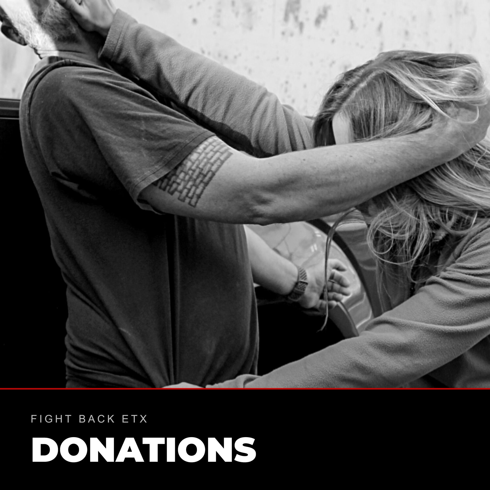 Fight Back ETX donations. A woman defends herself against an attacker pinning her against a wall.